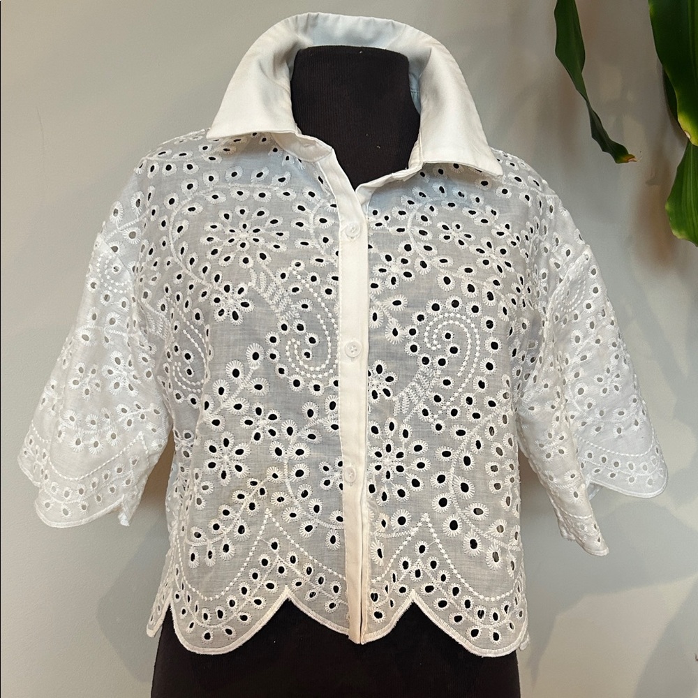 White Eyelet Button-Up Blouse